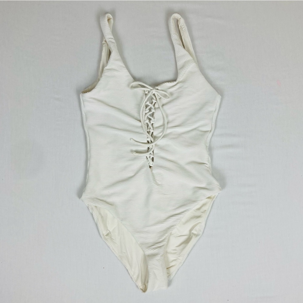 Onia “Bridget” white ribbed lace up low back one piece swimsuit. Small - Picture 2 of 6